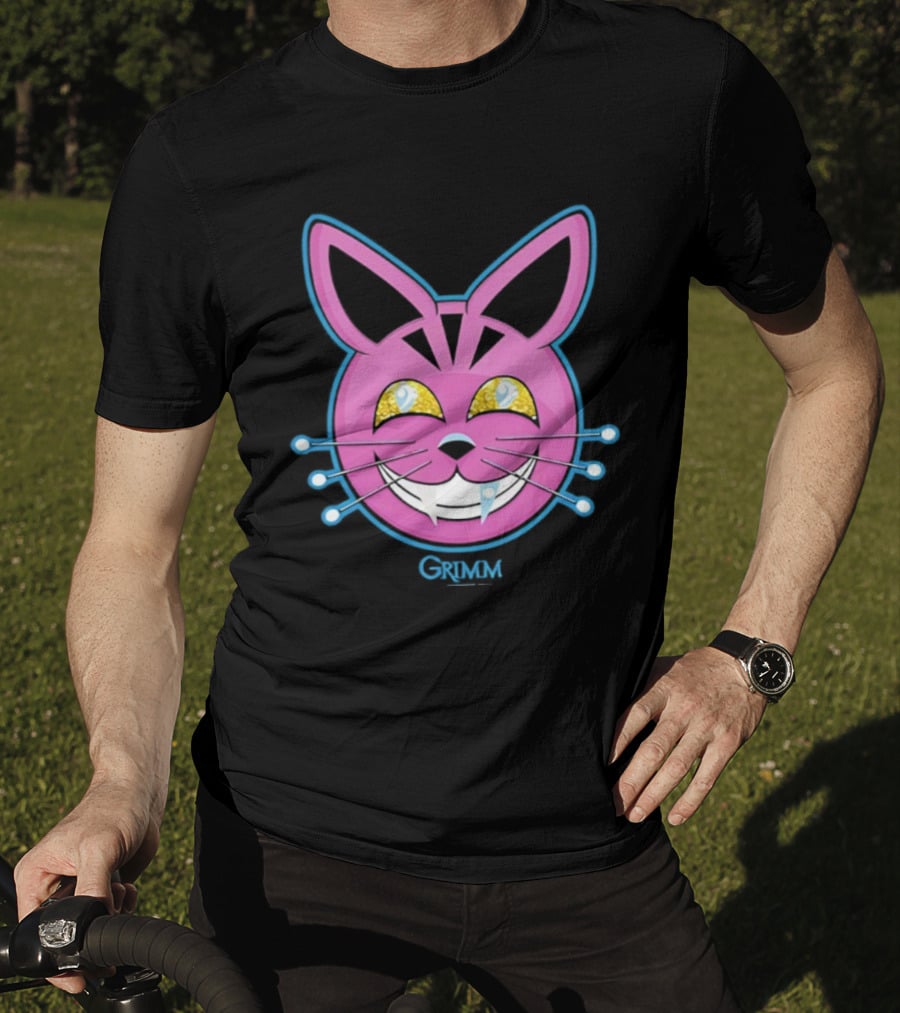 Grimm Retchid Kat Pink Cartoon Face With Yellow Eyes And Blue Whiskers T-Shirt