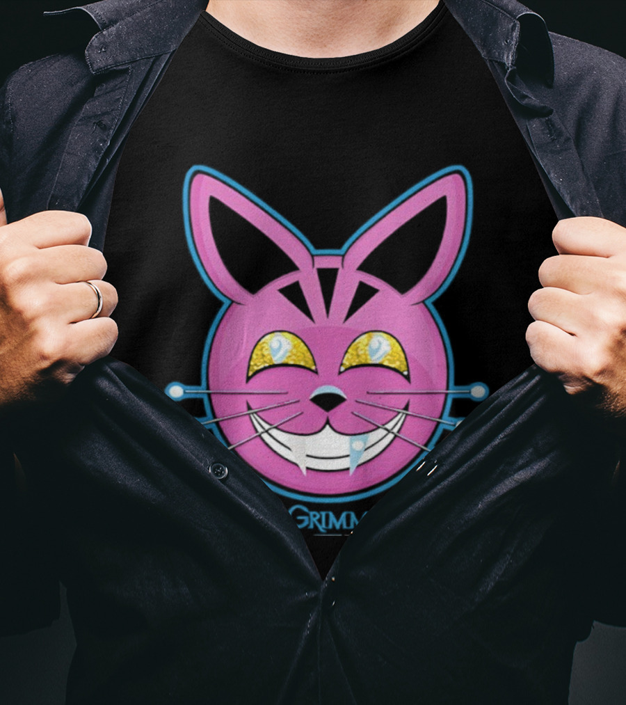 Grimm Retchid Kat Pink Cartoon Face With Yellow Eyes And Blue Whiskers T-Shirt
