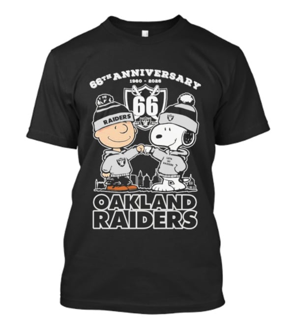 Snoopy And Charlie Brown Oakland Raiders 66th Anniversary 1960-2026 T-Shirt