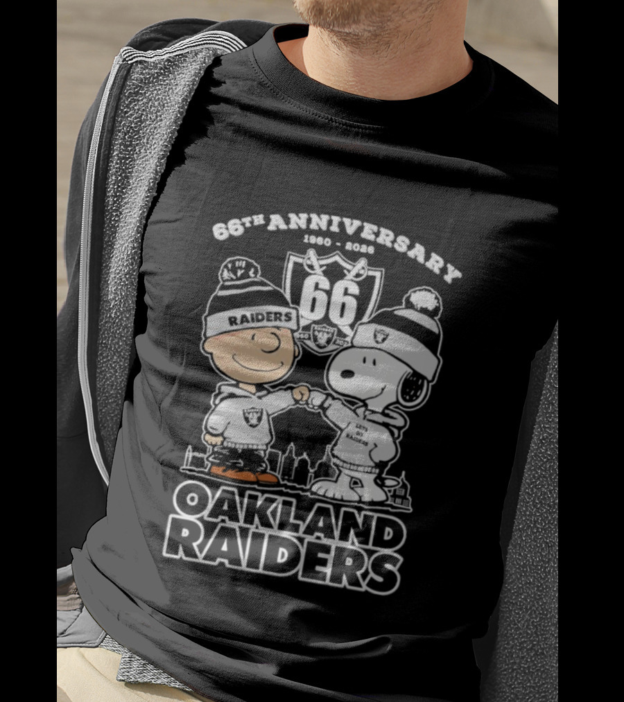 Snoopy And Charlie Brown Oakland Raiders 66th Anniversary 1960-2026 T-Shirt