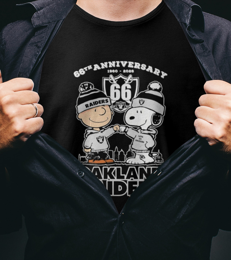 Snoopy And Charlie Brown Oakland Raiders 66th Anniversary 1960-2026 T-Shirt