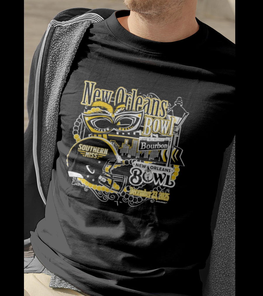 Southern Miss Golden Eagles New Orleans Bowl December 23 2025 Bourbon Street Helmet Mardi Gras Beads Skyline T-Shirt