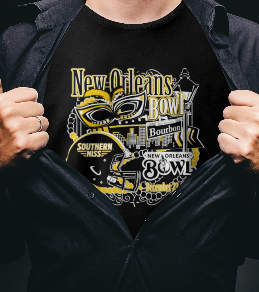 Southern Miss Golden Eagles New Orleans Bowl December 23 2025 Bourbon Street Helmet Mardi Gras Beads Skyline T-Shirt