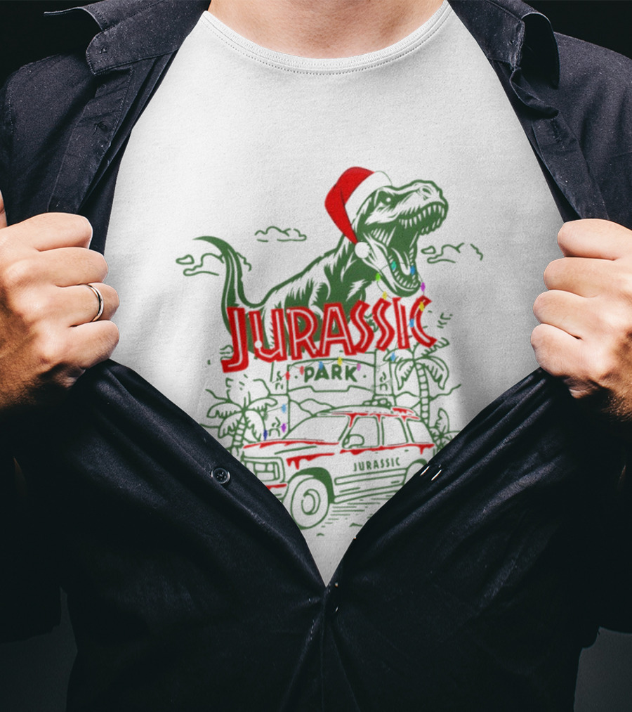 Jurassic Park Santa Dinosaur Merry Christmas T-Rex Holiday Lights T-Shirt