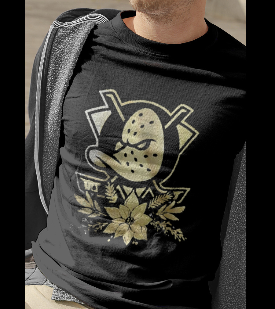 Anaheim Mighty Ducks Gold Holiday Hockey Logo With Festive Flowers T-Shirt