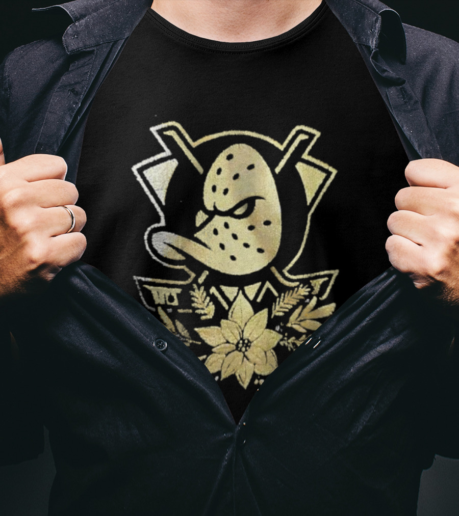 Anaheim Mighty Ducks Gold Holiday Hockey Logo With Festive Flowers T-Shirt