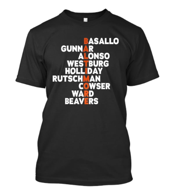 Baltimore Orioles Baseball Player Names Basallo Gunnar Alonso Westburg Holliday Rutschman Cowser Ward Beavers 2026 T-Shirt