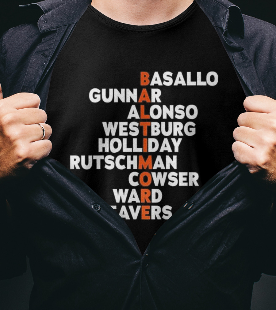 Baltimore Orioles Baseball Player Names Basallo Gunnar Alonso Westburg Holliday Rutschman Cowser Ward Beavers 2026 T-Shirt