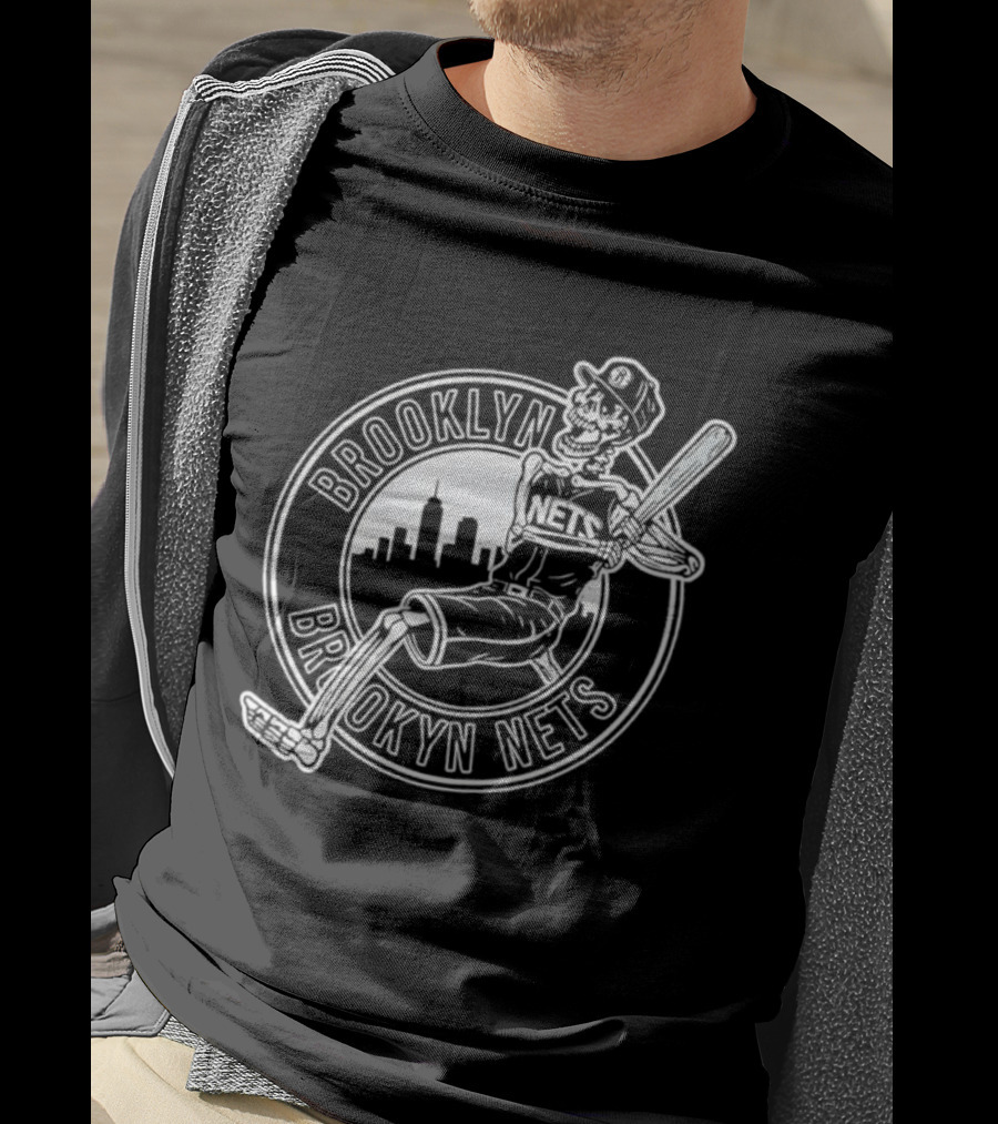 Brooklyn Nets Skeleton Player Baseball Crossover Cityscape T-Shirt