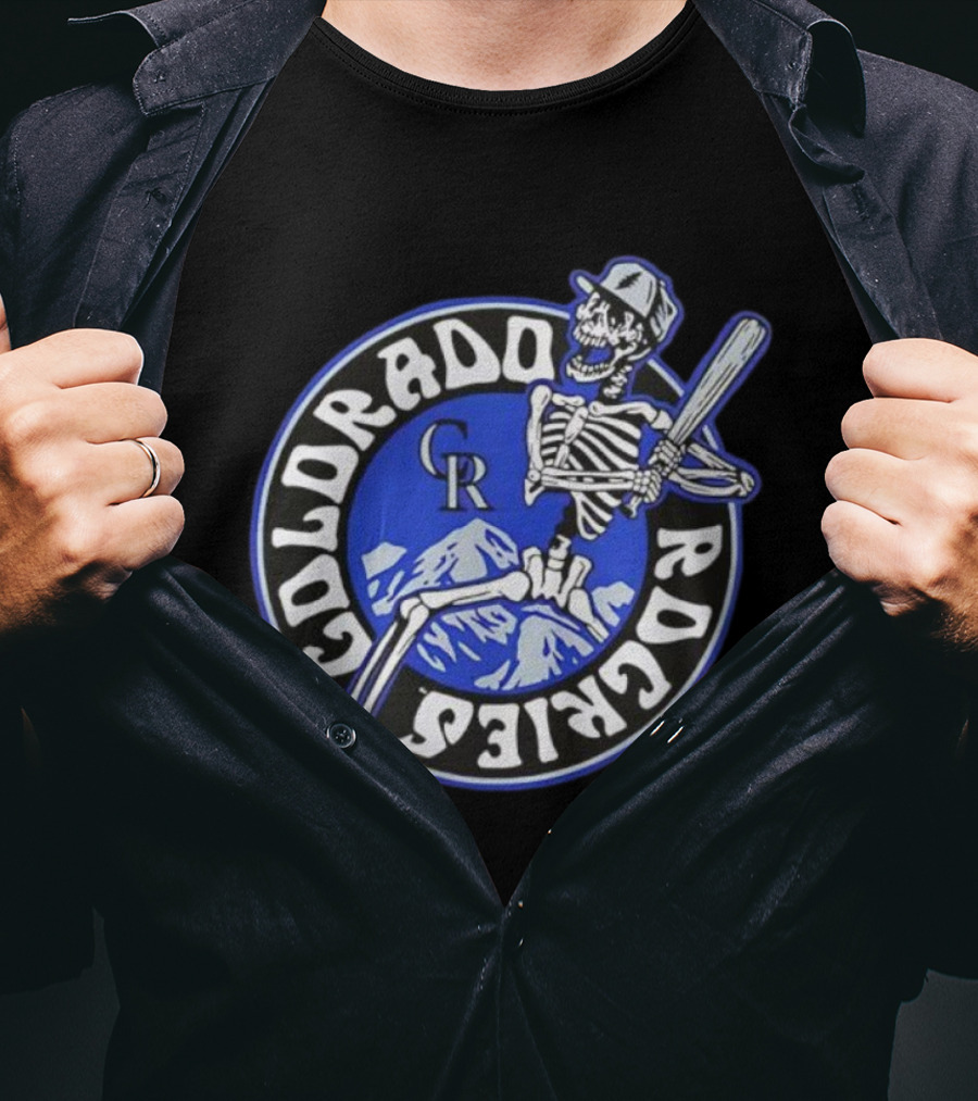Colorado Rockies Skeleton Player CR Batting Scene Rockies Mountains Circle T-Shirt