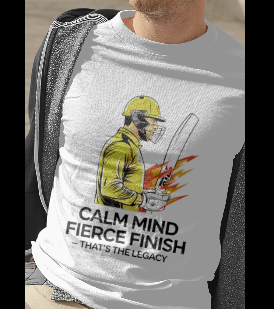 Calm Mind Fierce Finish Cricket Legacy Yellow Helmet Bat Flames T-Shirt