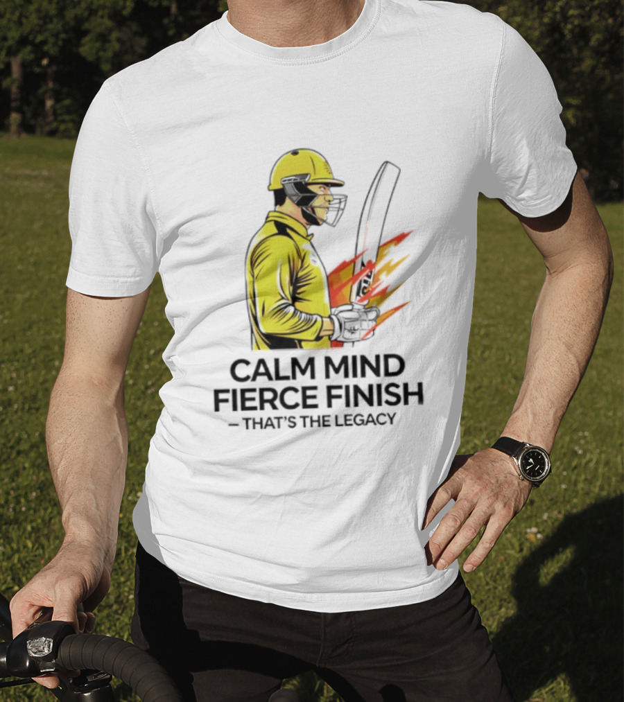 Calm Mind Fierce Finish Cricket Legacy Yellow Helmet Bat Flames T-Shirt