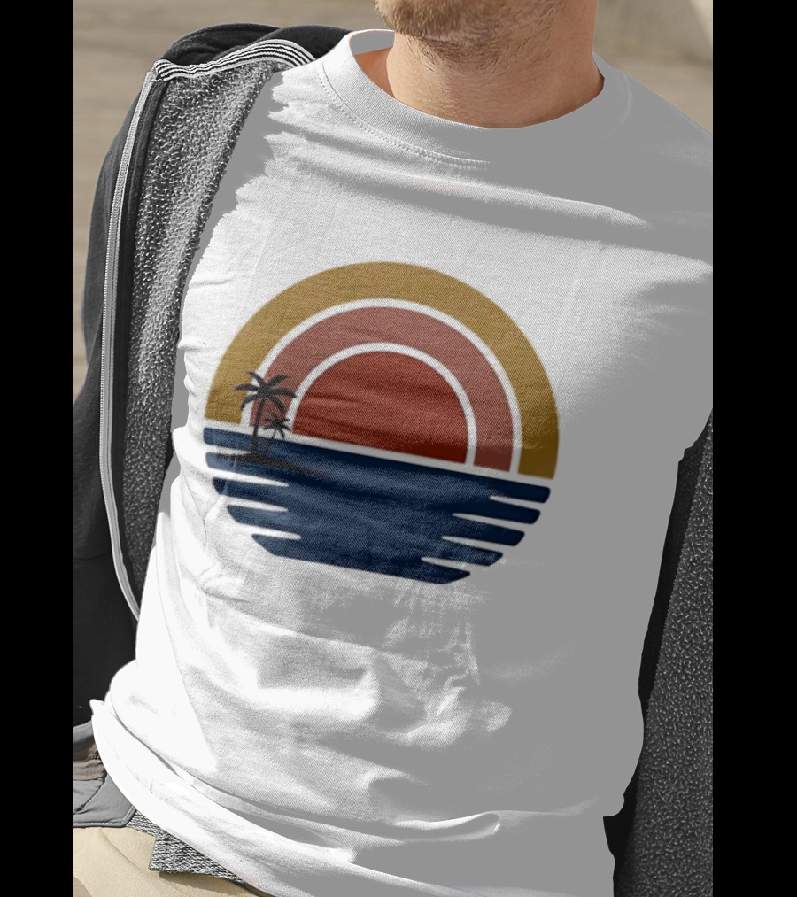 Retro Minimalist Sunset With Palm Trees And Ocean Waves T-Shirt