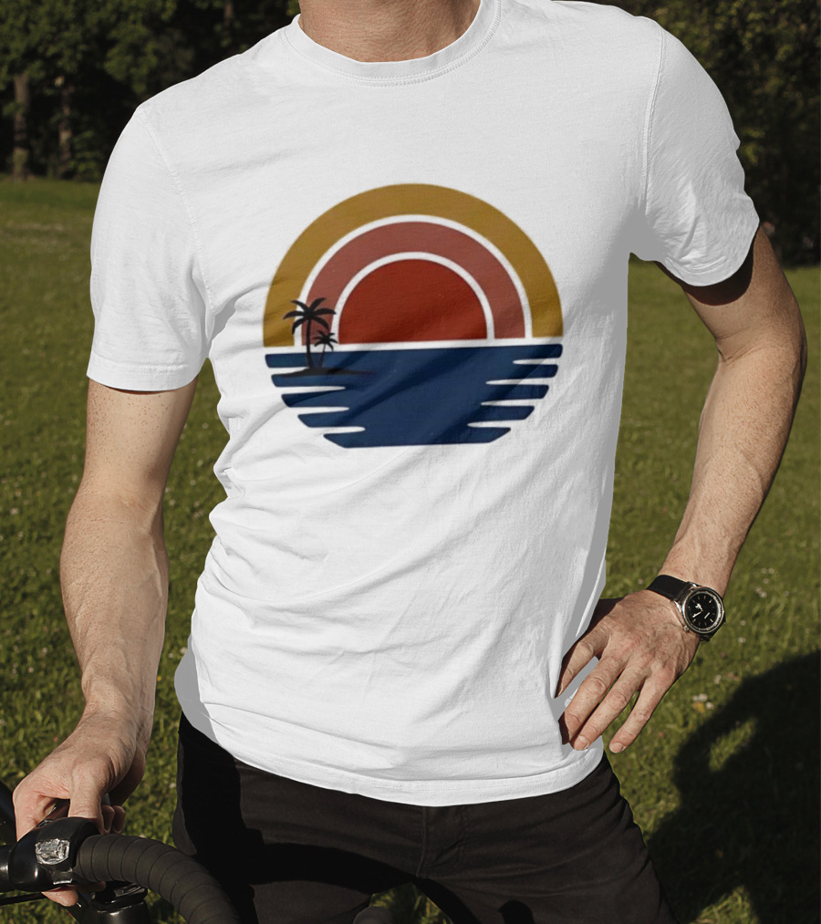 Retro Minimalist Sunset With Palm Trees And Ocean Waves T-Shirt