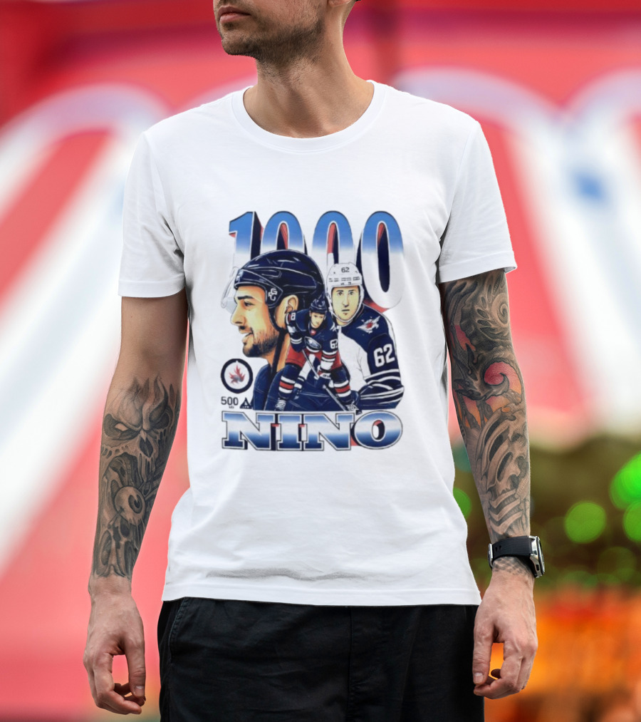 Nino 1000 Games Hockey Featuring Number 62 And Winnipeg Jets Colors T-Shirt