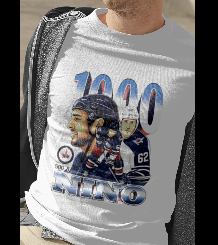 Nino 1000 Games Hockey Featuring Number 62 And Winnipeg Jets Colors T-Shirt