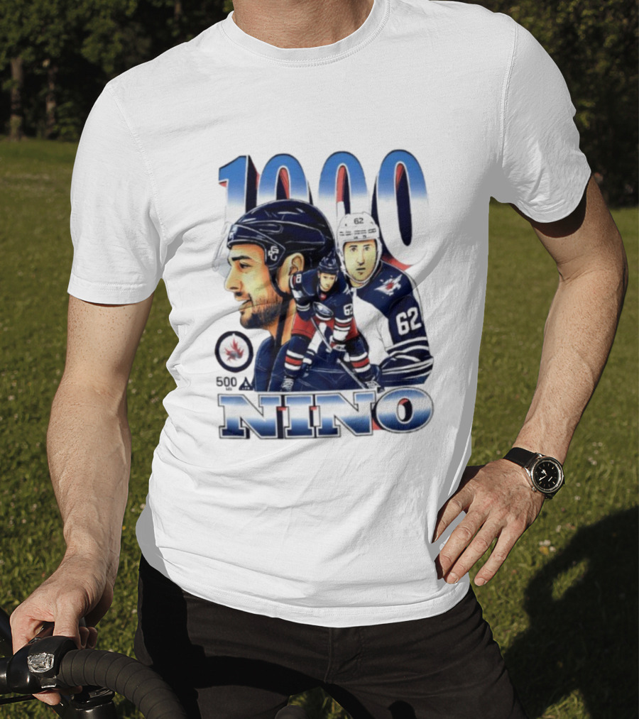 Nino 1000 Games Hockey Featuring Number 62 And Winnipeg Jets Colors T-Shirt