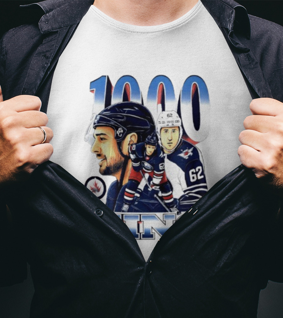 Nino 1000 Games Hockey Featuring Number 62 And Winnipeg Jets Colors T-Shirt