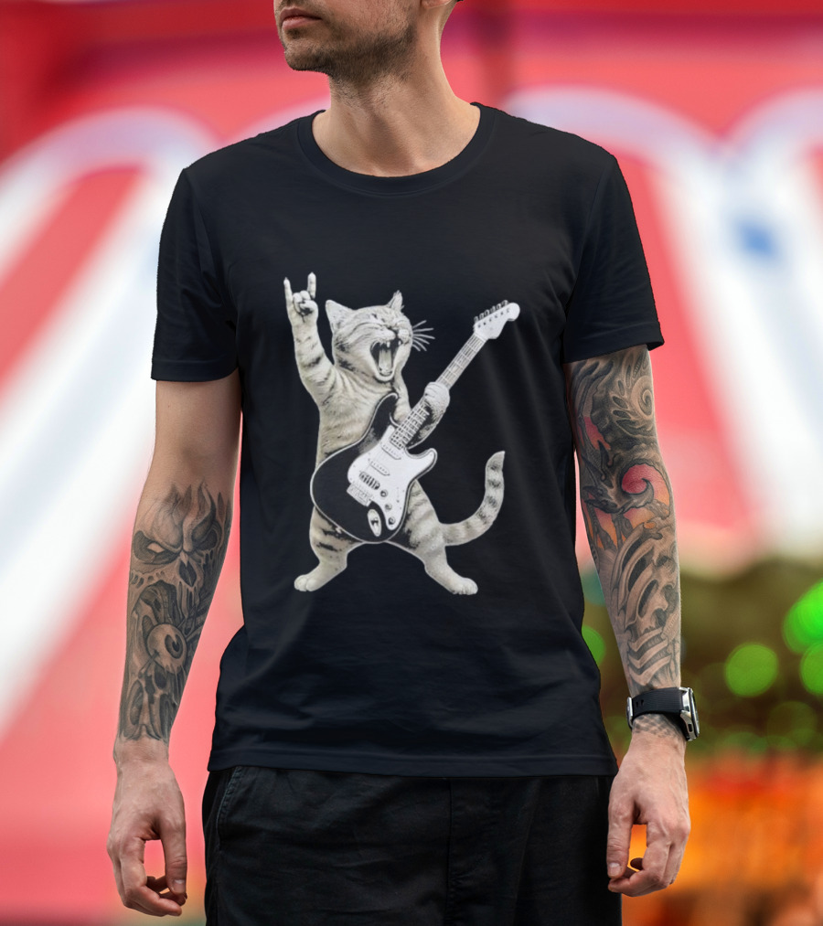 Funny Cat Playing Electric Guitar Rock And Roll Pose T-Shirt