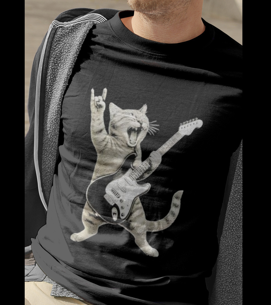 Funny Cat Playing Electric Guitar Rock And Roll Pose T-Shirt