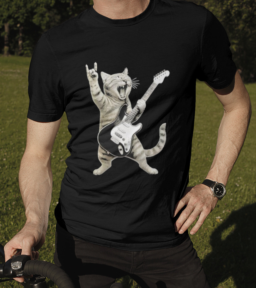 Funny Cat Playing Electric Guitar Rock And Roll Pose T-Shirt