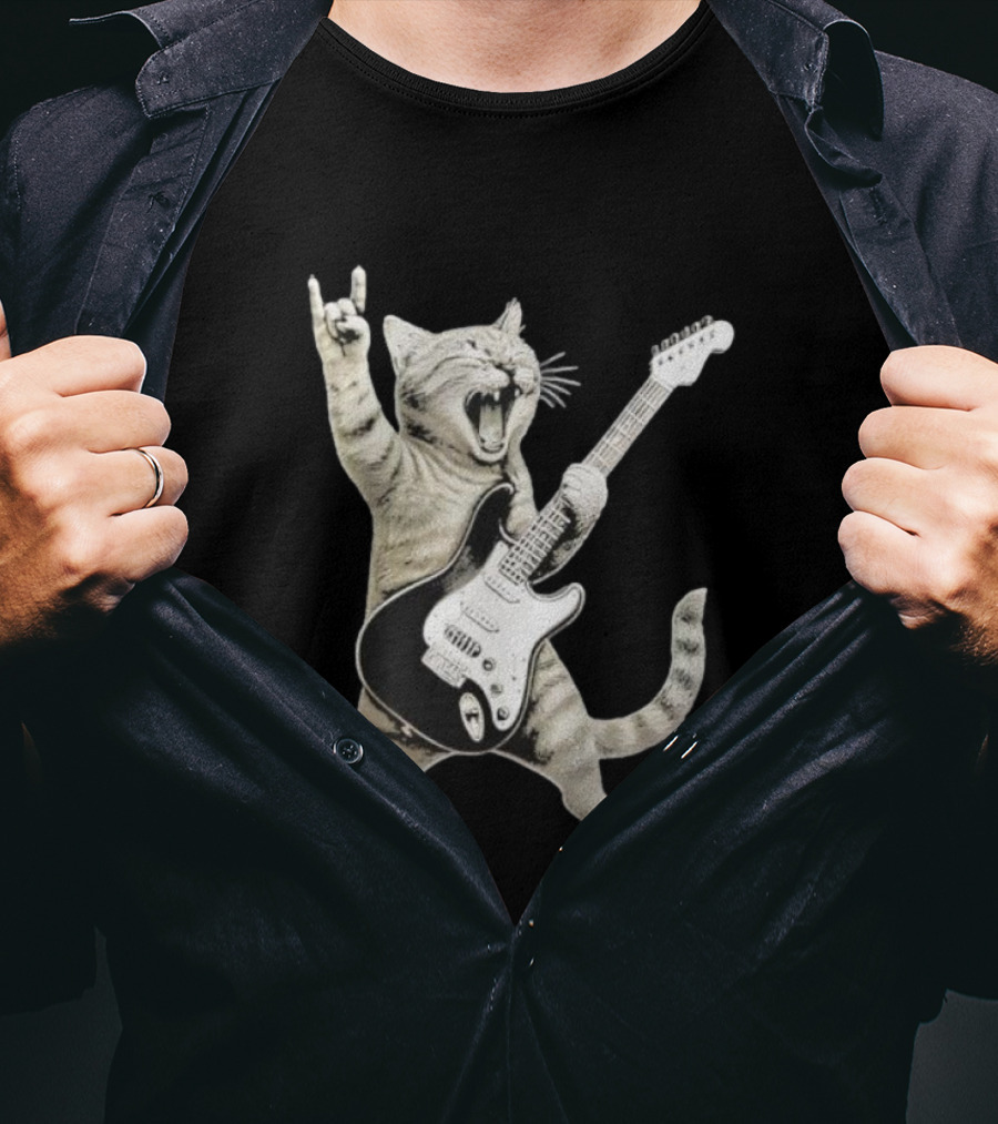 Funny Cat Playing Electric Guitar Rock And Roll Pose T-Shirt