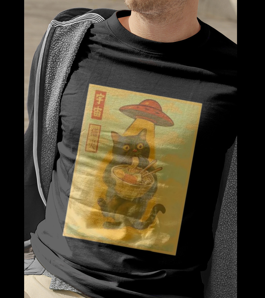 Funny Cat Ramen UFO Japanese Anime Kawaii Noodles T-Shirt