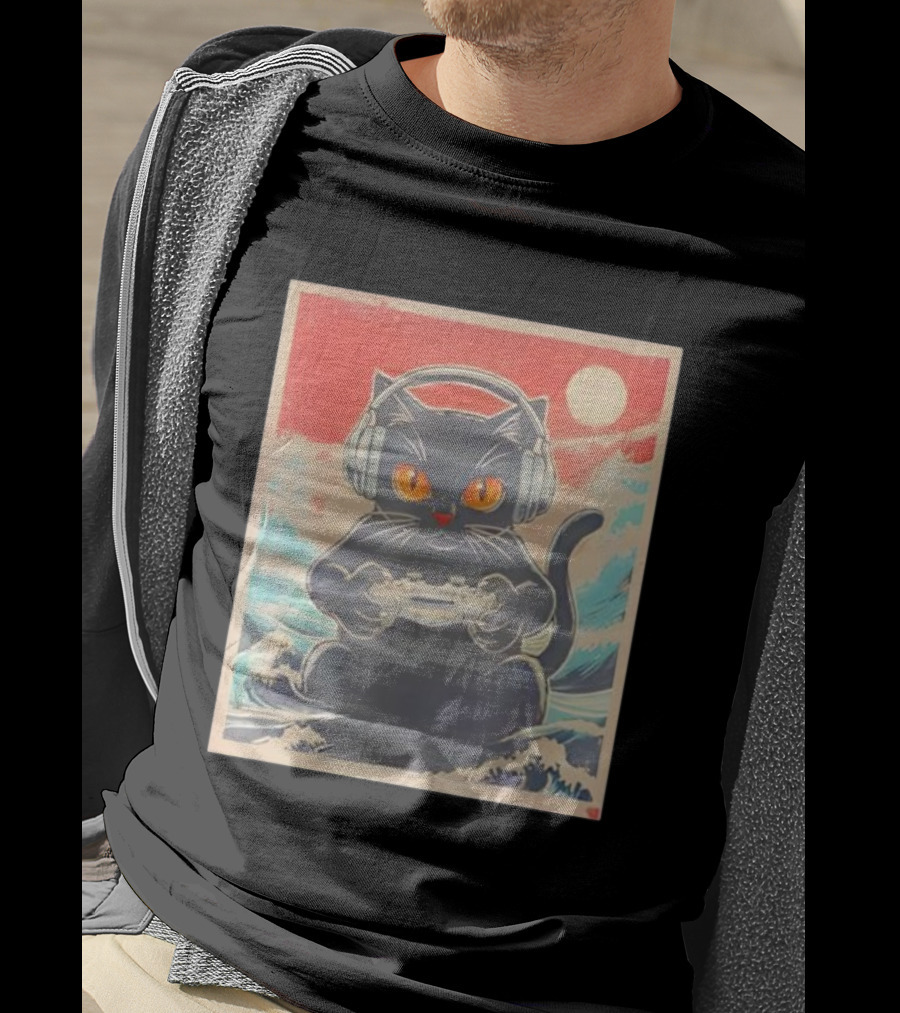 Kawaii Cat Anime Gamer Headphones Japanese Art Gaming Waves T-Shirt