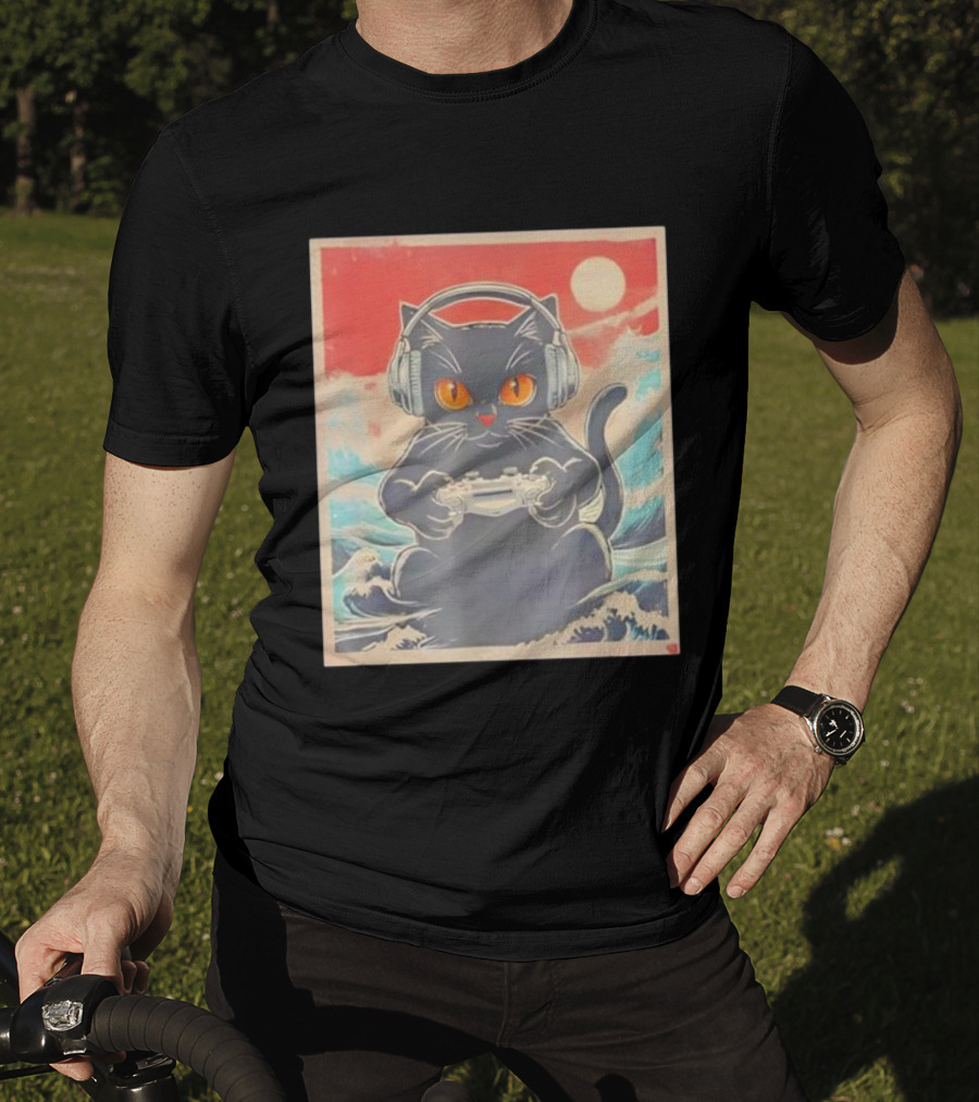 Kawaii Cat Anime Gamer Headphones Japanese Art Gaming Waves T-Shirt