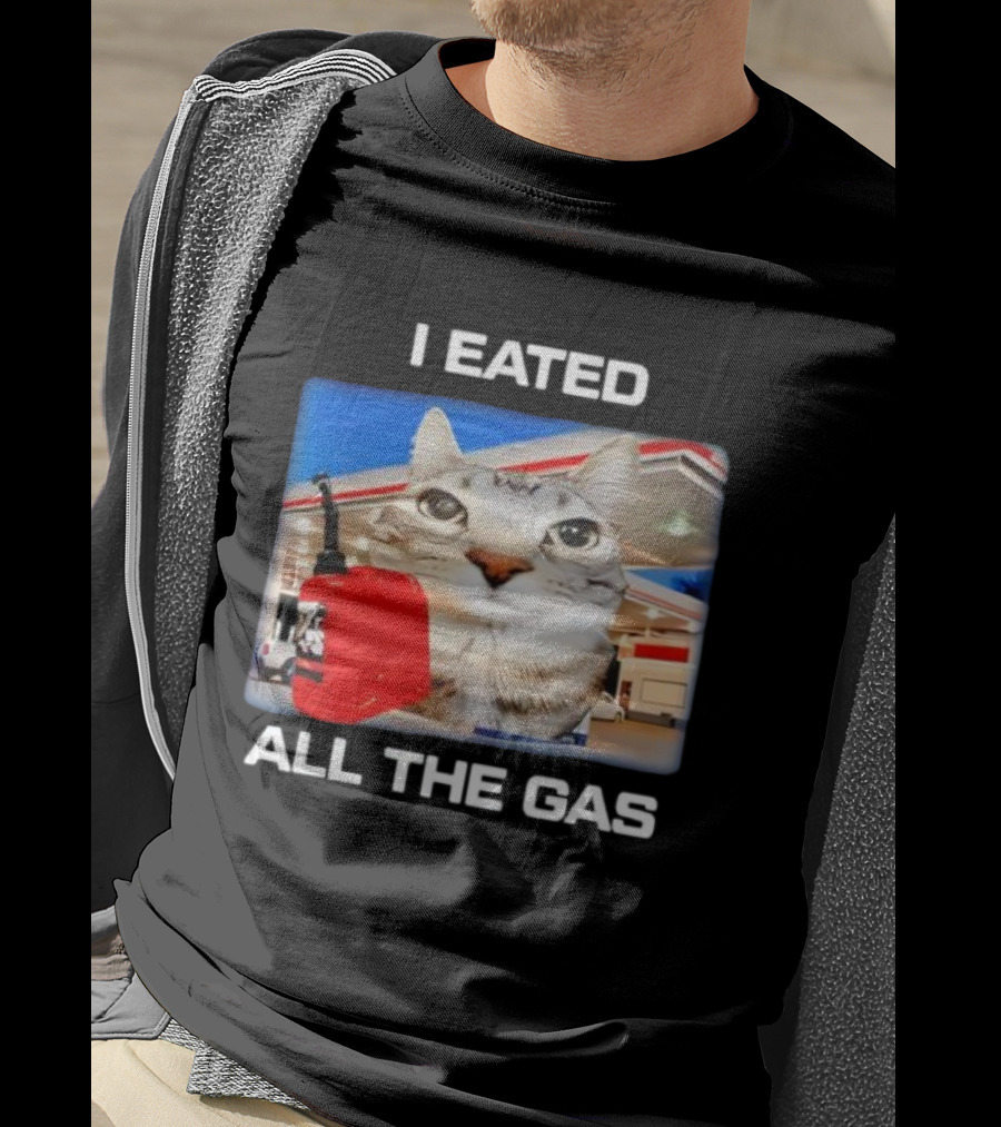 I Eated All The Gas Silly Staring Cat Meme With Fuel Station Background T-Shirt