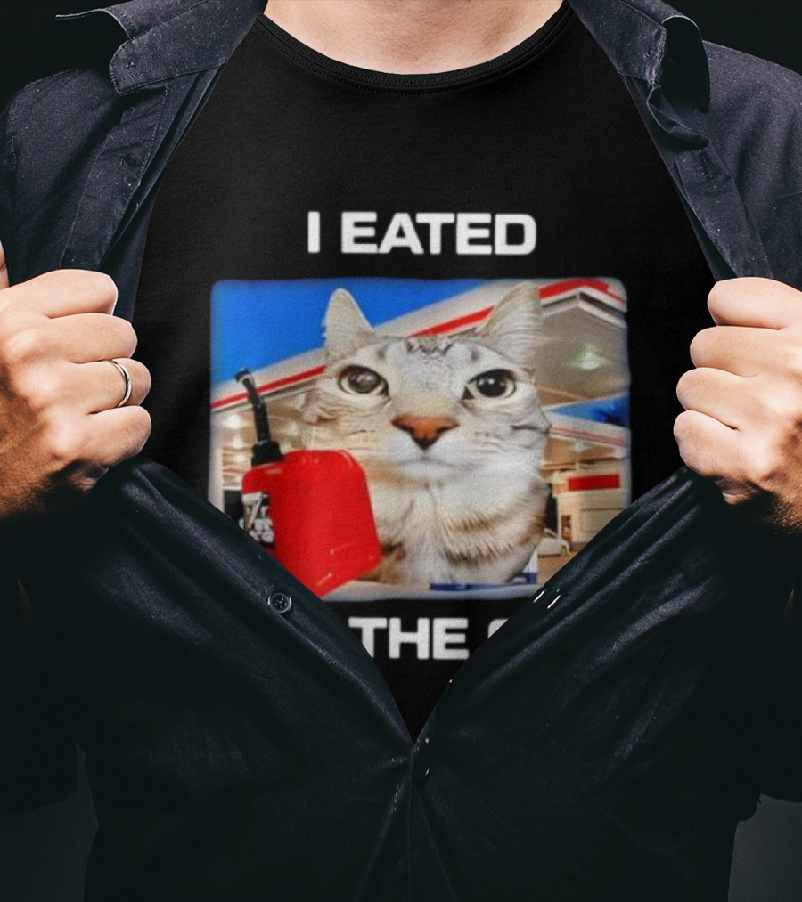 I Eated All The Gas Silly Staring Cat Meme With Fuel Station Background T-Shirt