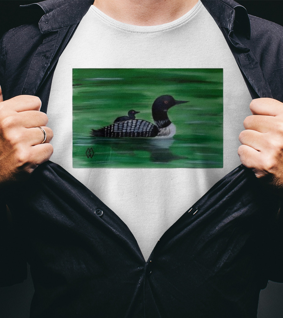 Common Loon With Baby On Back In Tranquil Green Waters T-Shirt