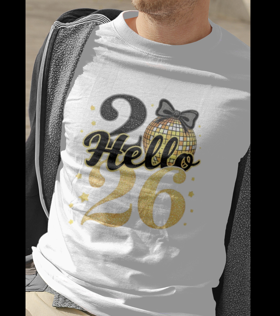 Hello 2026 Gold Glitter Bow Disco Ball Celebration T-Shirt