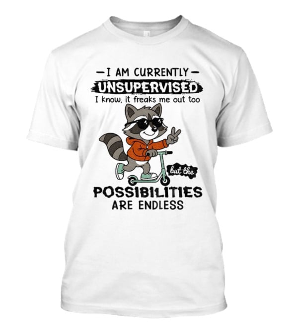 Raccoon Unsupervised Endless Possibilities Peace Sign Scooter Sunglasses Orange T-Shirt