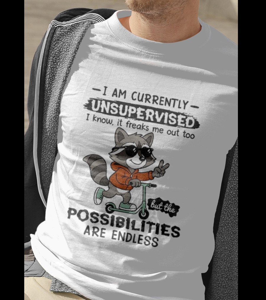 Raccoon Unsupervised Endless Possibilities Peace Sign Scooter Sunglasses Orange T-Shirt