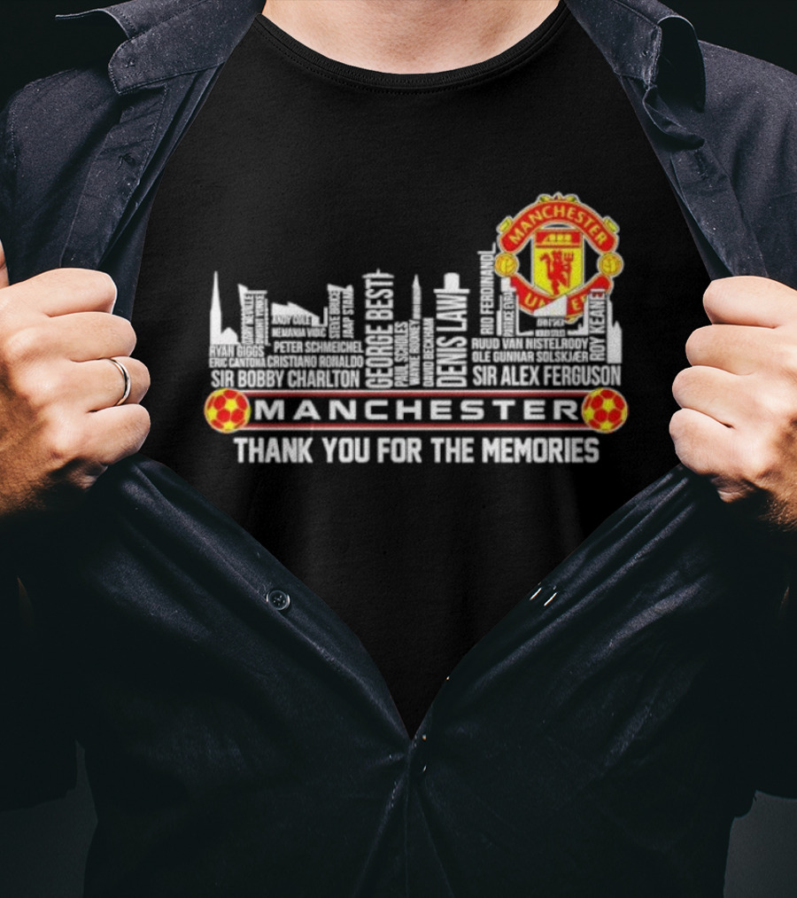 Manchester United Legends Beckham Rooney Sir Alex Ferguson Skyline Thank You For The Memories T-Shirt