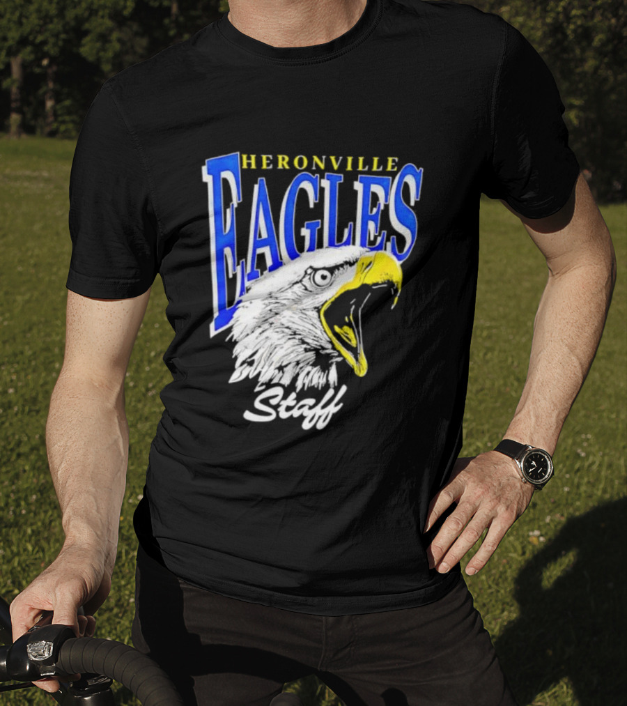 Heronville Eagles Staff Blue Bold Text White Eagle Design T-Shirt