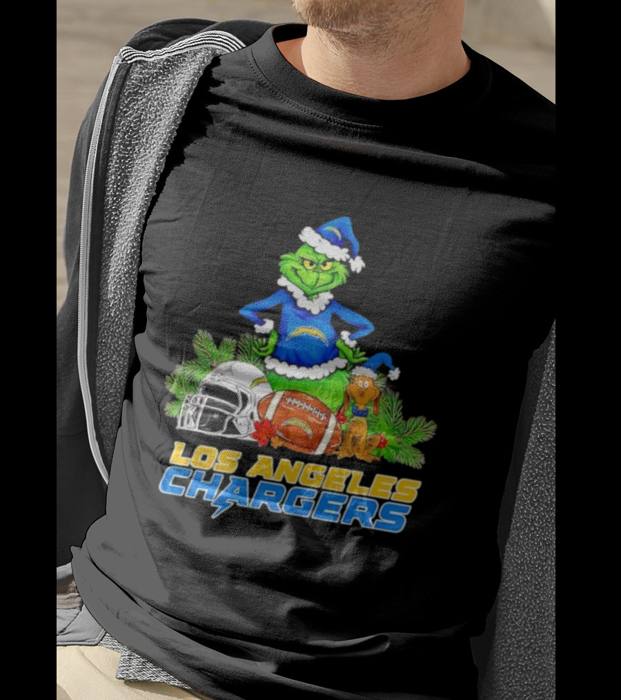Los Angeles Chargers Christmas Grinch And Max Festive Helmet Football T-Shirt