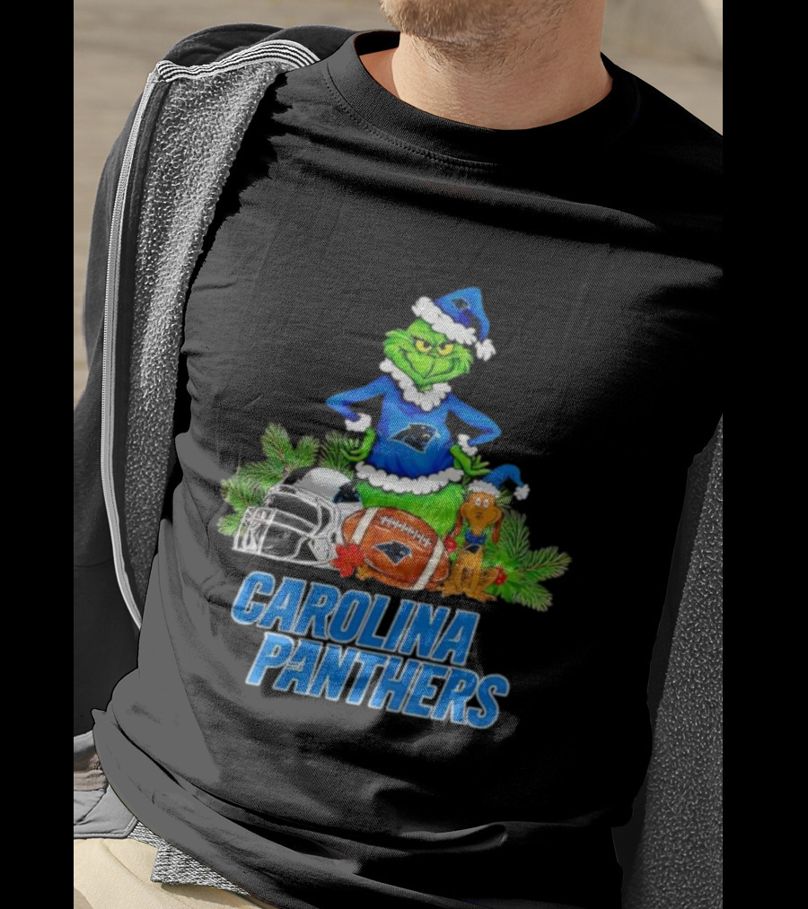 Carolina Panthers Christmas Grinch And Max Football Helmet Holiday T-Shirt