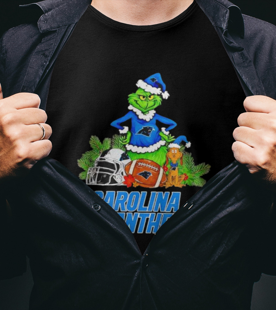 Carolina Panthers Christmas Grinch And Max Football Helmet Holiday T-Shirt