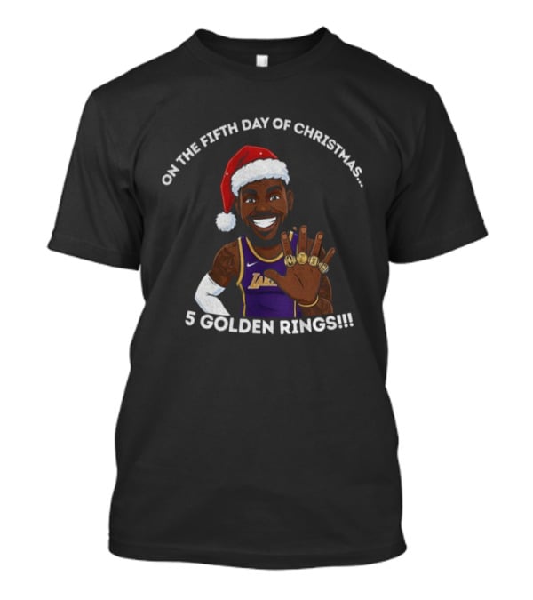 Lebron James Lakers Christmas Five Golden Rings Santa Hat T-Shirt