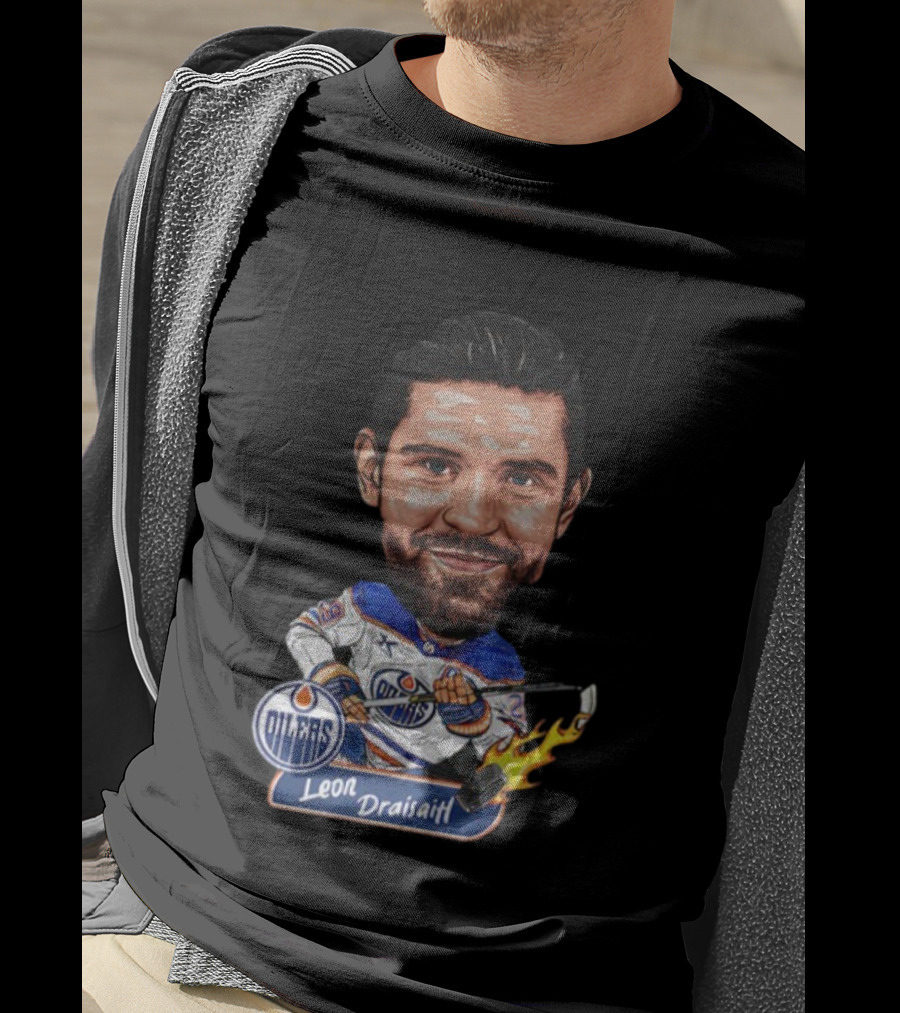 Edmonton Oilers Hockey Leon Draisaitl Caricature Flames Stick T-Shirt