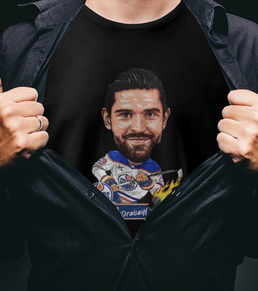 Edmonton Oilers Hockey Leon Draisaitl Caricature Flames Stick T-Shirt