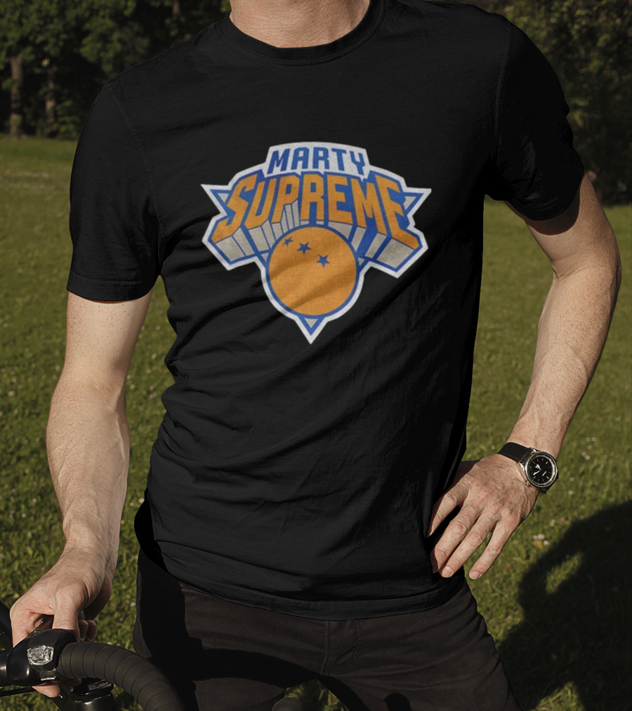 Marty Supreme New York Knicks Inspired Graphics Orange Blue Basketball T-Shirt