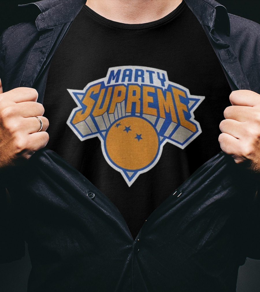 Marty Supreme New York Knicks Inspired Graphics Orange Blue Basketball T-Shirt
