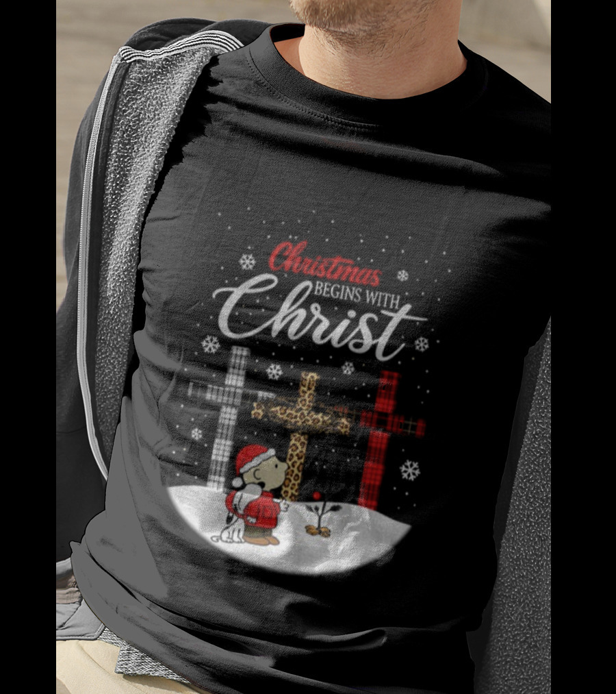 Christmas Begins With Christ Snoopy Charlie Brown Holiday Snow Scene T-Shirt