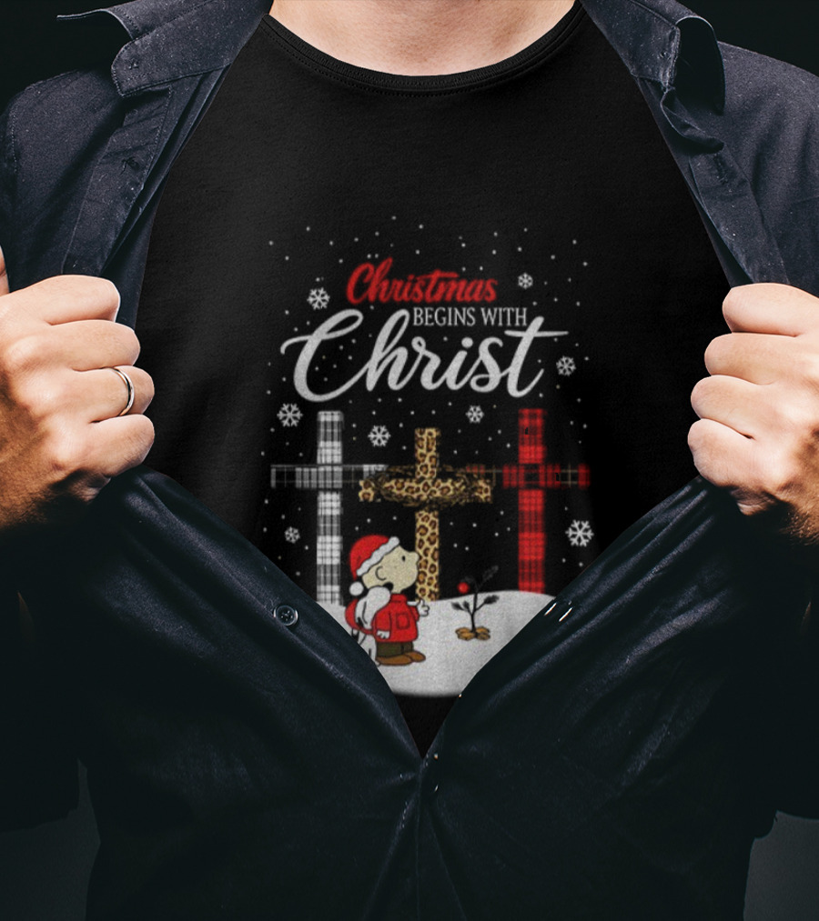 Christmas Begins With Christ Snoopy Charlie Brown Holiday Snow Scene T-Shirt
