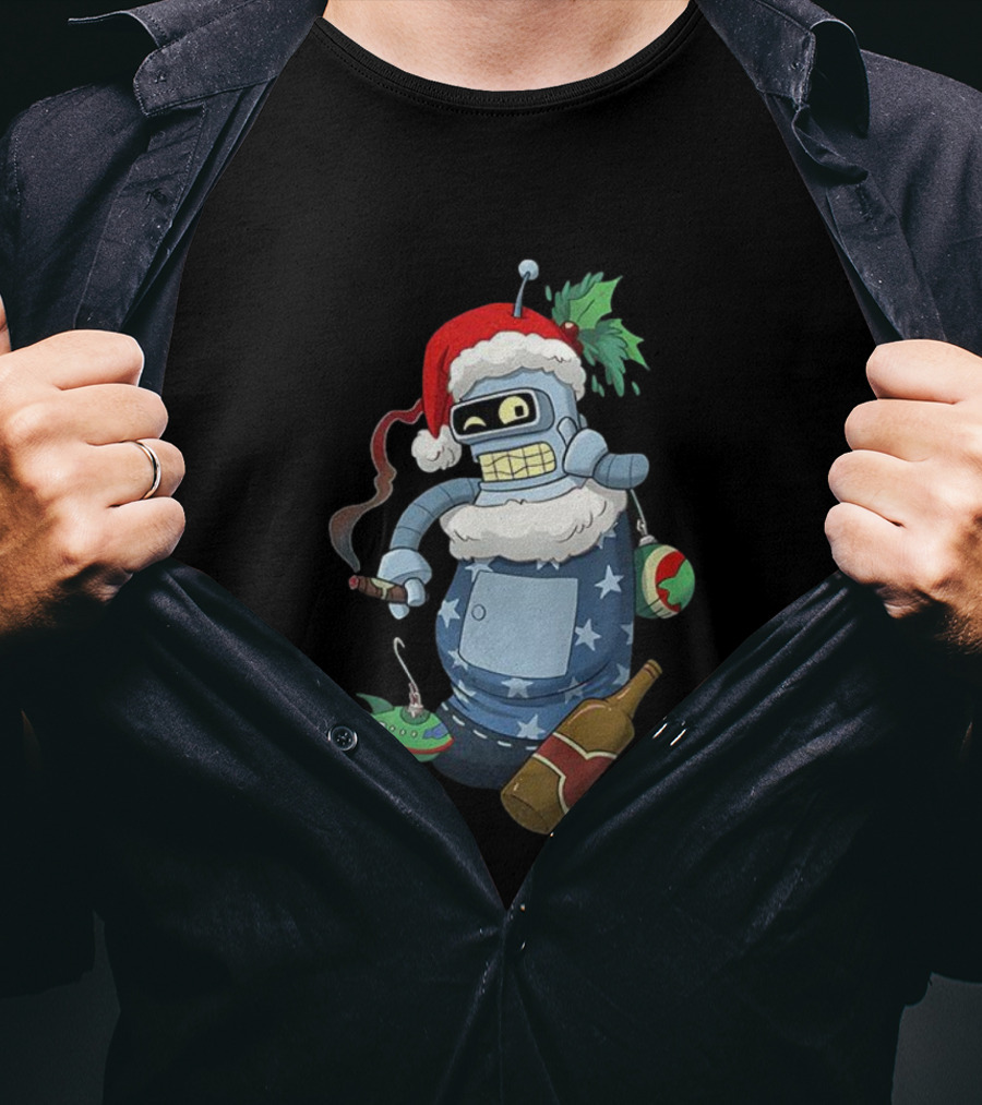Futurama Bender Christmas Stocking Stuffer Smoking Cigar Santa Hat T-Shirt