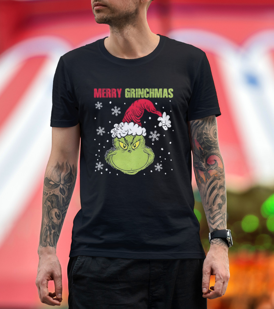 Merry Grinchmas Grinch Head Santa Hat Christmas Snowflakes T-Shirt