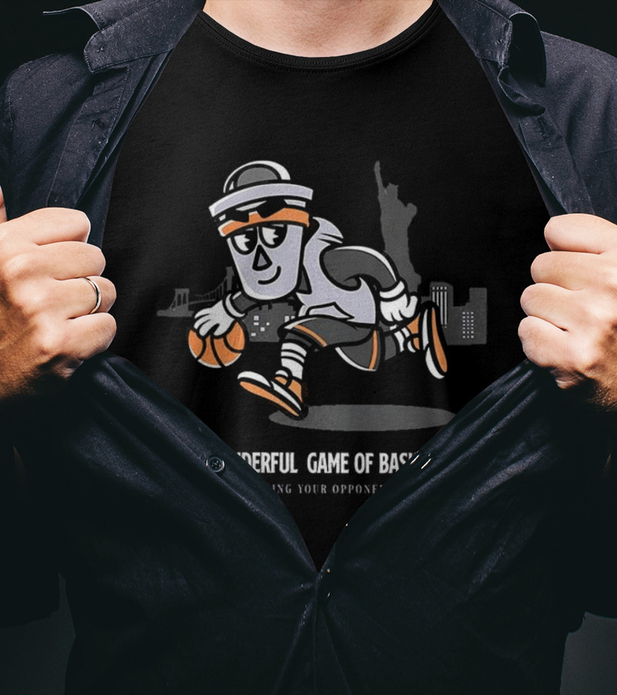 The Wonderful Game Of Basketball Mascot Bucket Man Outscoring Opponent NYC Skyline T-Shirt
